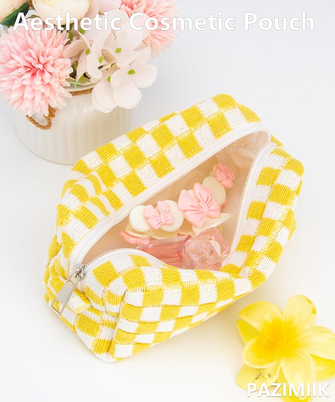 PAZIMIIK Checkered Makeup Bag for Purse, Small Travel Cosmetic Pouch,Yellow | Cute Zipper Makeup Organizer for Women, Travel Essentials, Toiletries, Makeup Brushes, Beauty Accessories&Bridesmaid Gifts
