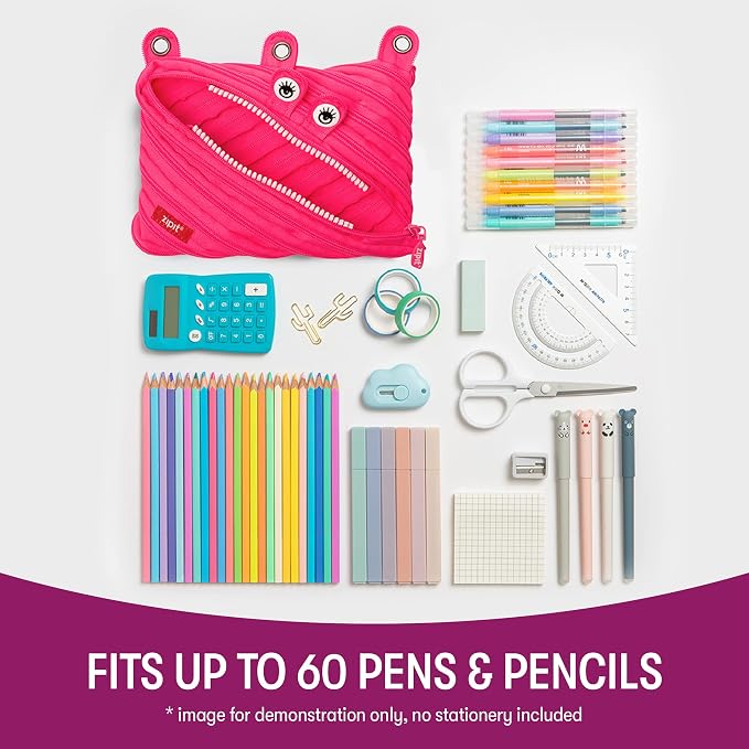 ZIPIT Monster Pencil Case for Girls, Cute 3-Ring Binder Pencil Pouch for Kids and Teens, Stationery Bag for School, Pink