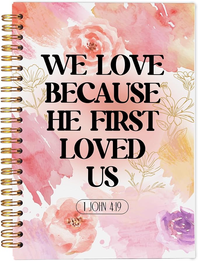 Ecezatik Watercolor Floral Christian Notebook Journal, We Love Because He First Loved Us Bible Verse Notebook for Note Taking, Religious Scripture Spiral Journal 5.5x8.3 Inch