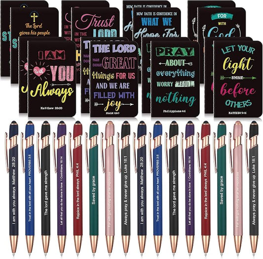 Funrous 32 Pcs Motivational Quote Pens Inspirational Notepads Mini Journal with Ballpoint Pen Small Notebooks Gift for Men Women Coworker Adult Party Favors Prize Teacher Student Office(Prayer)