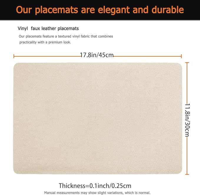 Beige Plastic Placemats Set of 6, Faux Leather Waterproof Table Mats | Beige Vinyl placemats,Wipeable and heat resistant table mats.Easy to clean,great for indoor and outdoor