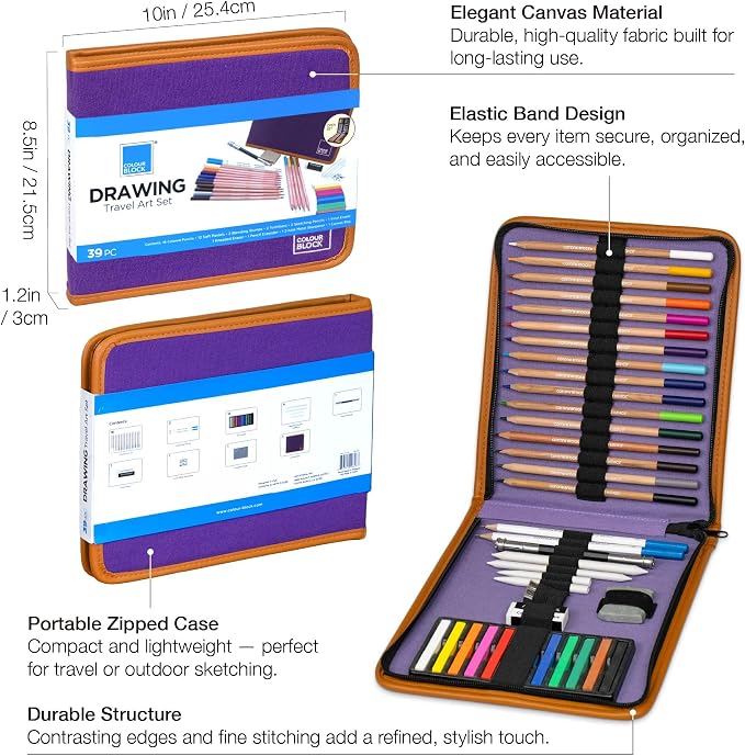 COLOUR BLOCK 40-Piece Drawing Travel Art Set – Portable Sketch and Drawing Art Kit with 16 Colored Pencils, 12 Soft Pastels, 2 Sketching Pencils, 8 Tools, Pad, Zip Case for Beginners, Artists, Adults