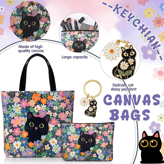Kinlop 5 Pcs Gift Set for Women Include Tote Bag Canvas Cosmetic Bag Coil Notebook Keychain and Ballpoint Pen for Women Girls (Black Cat,Multicolor)