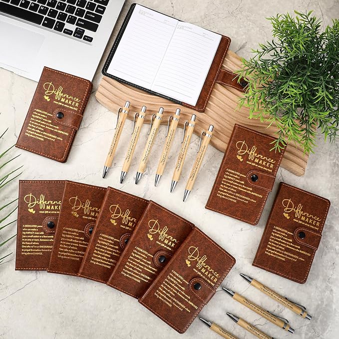 Marspark 30 Sets Difference Maker Appreciation Gifts for Men Inspirational A5 Leather Notebooks with Pens Employee Thank You Gifts for Men Women Coworker Nurse Teacher Back to School (Brown)