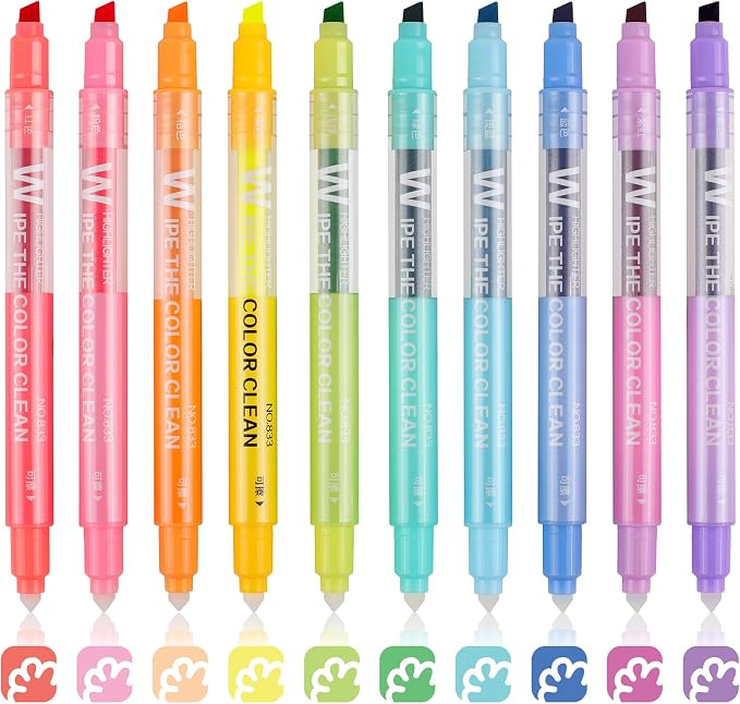 HANKU Erasable Highlighters, Dual Tip 10 Pack Highlighters Assorted Colors Erasable, Smooth Writing Book Journaling No Bleeding Highlighter Pens for Bible Journal Planner