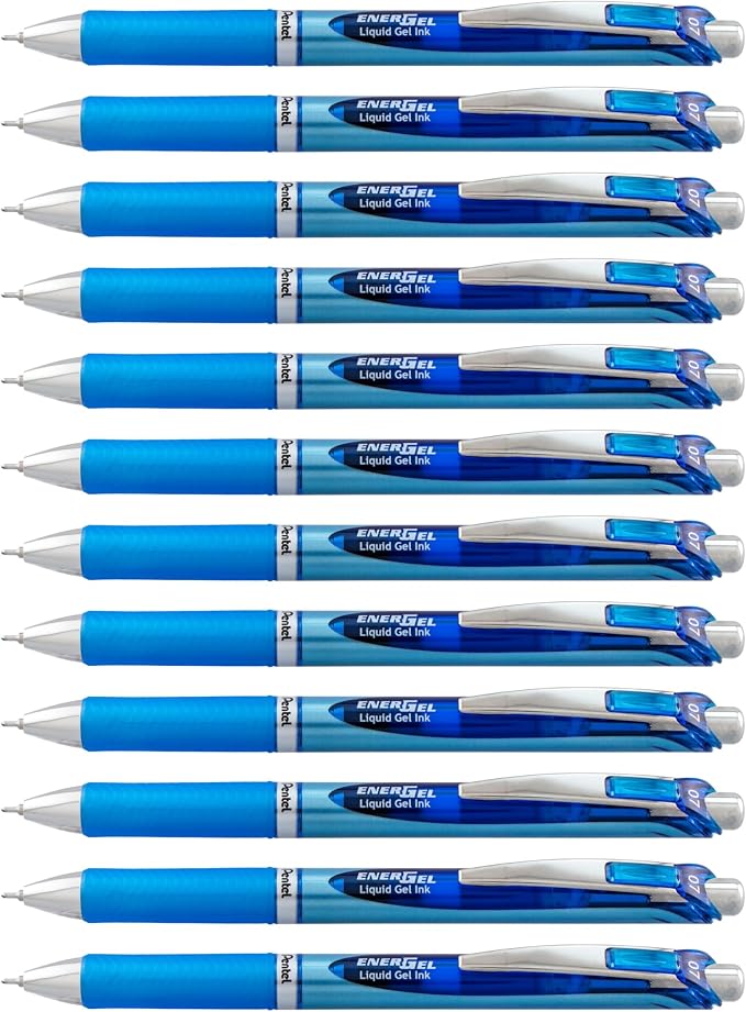 Pentel EnerGel Deluxe RTX Retractable Liquid Gel Pen, Medium Line, Needle Tip, Blue Ink, Box of 12 (BLN77-C), 0.7mm needle