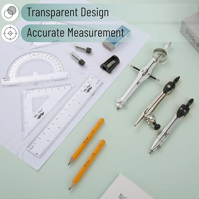 Mr. Pen- Geometry Set, 13 pcs, 3 Metal Compasses, Protractor, 6" Ruler | 45° & 30°/60° Set Squares, Pencils, Lead Refills, Sharpener & Eraser for Math, Drafting & Classroom Use
