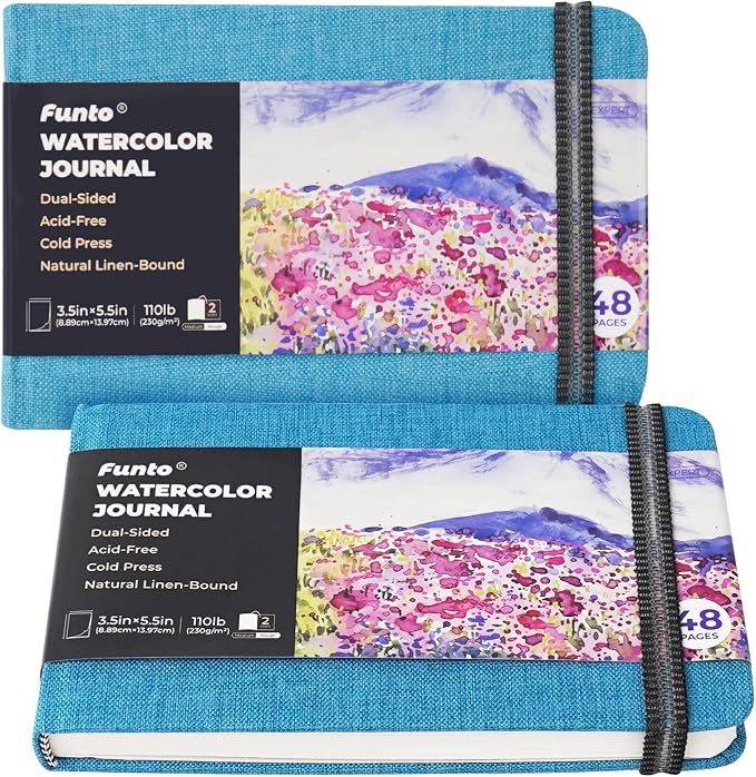 Funto Watercolor Journal, 3.5x5.5, 2 Pack, 24 Sheets Each, Cold-Pressed with Inner Pocket, 110lb/230gsm, Suitable for Techniques and Mixed Media