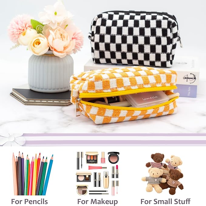 Checkered Makeup Bag for Purse, Small Travel Cosmetic Pouch,Orange,6 Pack | Cute Zipper Makeup Organizer for Women, Travel Essentials, Toiletries, Makeup Brushes, Beauty Accessories&Bridesmaid Gifts