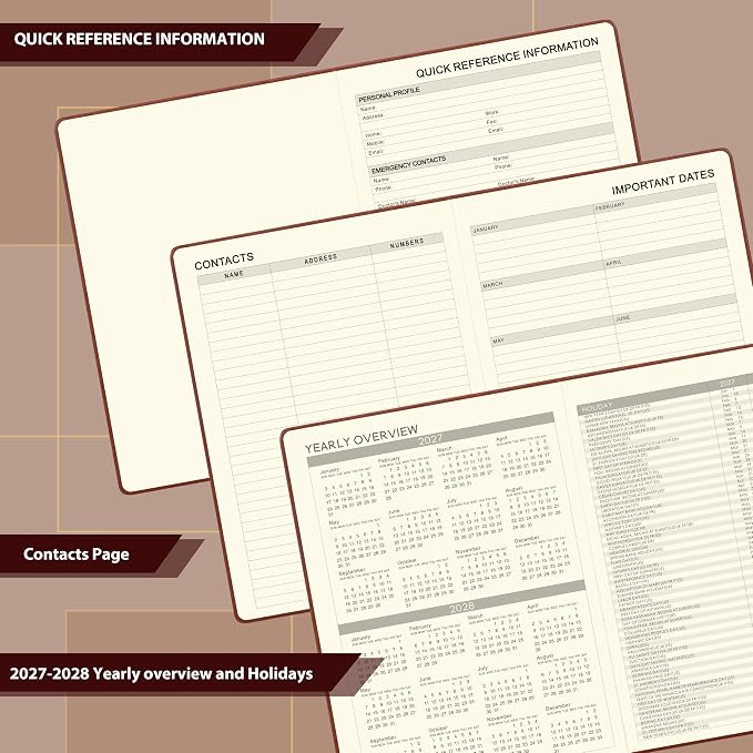 Vondafe 2027 Planner Weekly and Monthly, Jan. 2027 - Dec. 2027, 9" x 11" | Inner Pocket + Elastic Closure + Pen Loop + Bookmarks, Leather Hardcover, Brown, Calendar Planner 2027 for office planning