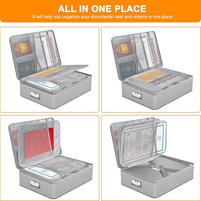 Noiposi 5200℉ Fireproof Document Box with Lock 16.1"x11.4"x4.3"- 8 Layers | Home ,Travel ,Strong, Water Resistant,Safe Storage Document Storage Organizer for Important Documents and File,Silver