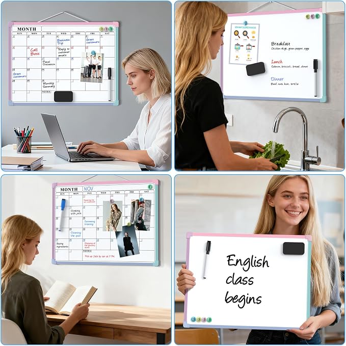 MaxGear Monthly Calendar Dry Erase Board for Wall, 16"x12", Macaron Frame | Double-Sided, Hanging Small White Board, Portable Whiteboard for Planning, Drawing, Memo, to Do List, Home, Kitchen, Office