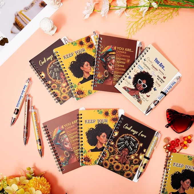Colarr 12 Sets Black Women Journals and Pen Gifts African American Journal and Pen for Black Girl Lady Brown Inspirational Spiral Notebooks African American Gifts