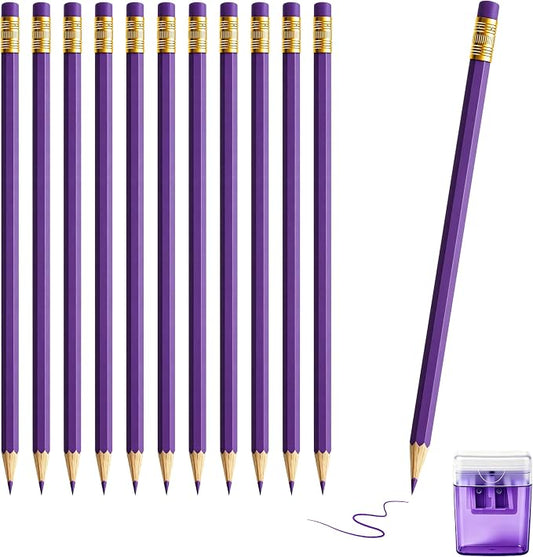 12 Pcs Purple Pencils with Eraser for Kids HB Erasable Pencils Pre-Sharpened Professional Wooden Pencils Set with Smooth Lead Cores, Ideal for School Drawing, Sketching, Coloring and Creative Projects