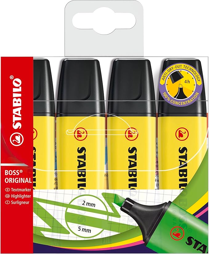 STABILO BOSS ORIGINAL - Highlighter | Pack of 4 - Yellow