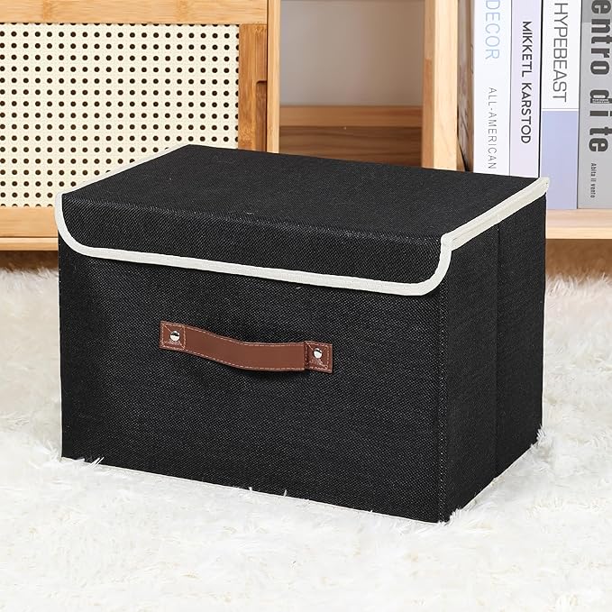 ANMINY 4PCS Storage Bin with Lid Storage Boxes with PU Leather Handles PP Plastic Board Decorative Foldable Lidded Cotton Linen Fabric Home Cubes Baskets Closet Organizer Container - Black, Medium