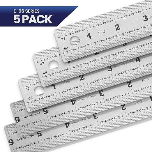 5 Pack | 6" Stainless Steel Ruler with Non-Skid Cork Backing: 32 & 64 divisions per inch
