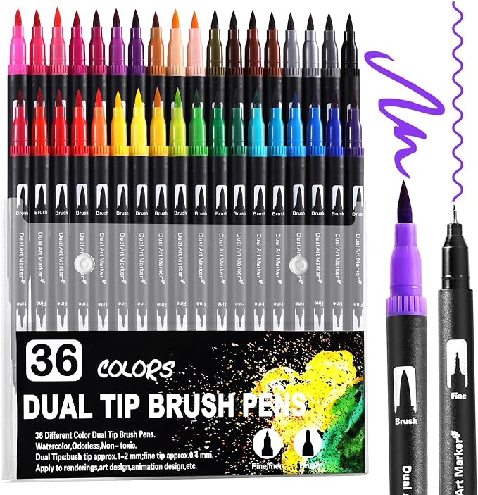 TOSHARE 36 Colors Brush & Fine Dual Tip Watercolor Markers for Adult Coloring Books No Bleeding Paint Pens For Drawing Note Taking Planner Calligraphy Journaling Card Making Back-to-School Supplies