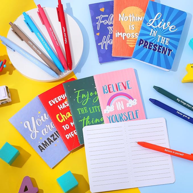 Funrous 32 Pcs Motivational Quote Pens Inspirational Notepads Mini Journal with Ballpoint Pen Small Notebooks Gift for Men Women Coworker Adult Party Favors Prize Teacher Student Office(Vibrant)