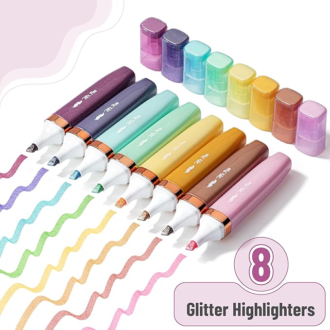 Mr. Pen- Glitter Highlighters, 8 Pack, Pastel & Metallic Colors | Chisel Tip Glitter Highlighter Markers for Journaling, Notes, Planners & Creative Highlighting