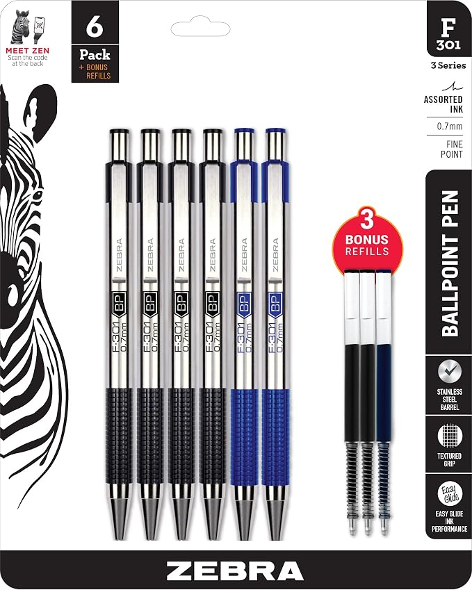 Zebra Pen F-301 Retractable Ballpoint Pen, Black/Blue Ink, 0.7mm, 6-Pack | Stainless Steel Barrel, Non-Slip Grip, Easy-Glide Ink, Fine Point Tip, Professional Design, Includes Bonus Refills (27206)