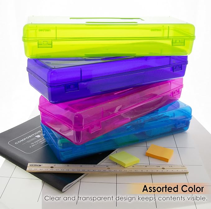 BAZIC PRODUCTS Bright Color Ruler-Length Pencil Box, 4-Set | 13 3/8 x 5 3/8 x 2 1/2 in, snap-latch lid for long supplies