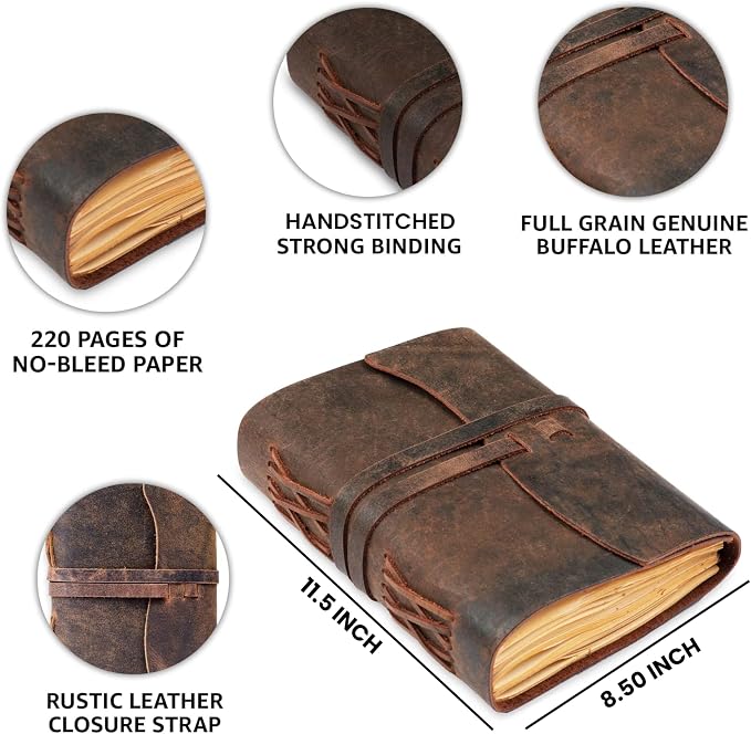 LEATHER VILLAGE Leather Bound Journal - Dark Brown, 11.5"X8.50", 220 Pages - Vintage Blank Paper Diary for Writing, Drawing, Sketchbook, and Travel Notebook - Ideal for Women and Men