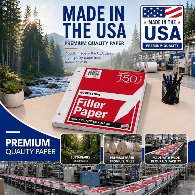 Kaisa loose Leaf Paper Filler Paper 1800 Sheets 8"x10.5",Wide Ruled, 3-Hole Punched for 3-Ring Binders, Carton of 12pack