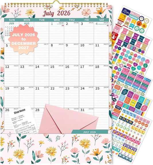Ospelelf Wall Calendar 2026-2027 with Storage Pockets, 17" X 12" Monthly Large Planner Pad with Protective Cover and Stickers, for Family Fridge Office Teacher Student, Use July 2026 to December 2027 Ditsy Floral