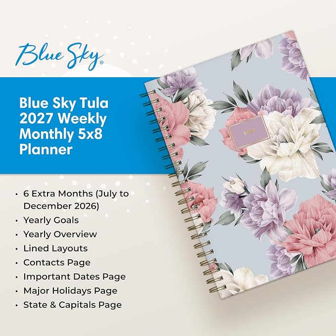 Blue Sky 2027 Weekly & Monthly Planner Calendar, 5"x8", Tula | January 2027 - December 2027, Flexible Frosted Cover, Durable Twin Wire Binding, Laminated Tabs