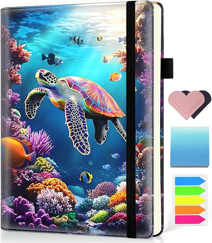 Hardcover Executive Notebooks, A5 PU Leather Lined Journal Notebook, 200 Pages Thick Paper Subject Notebooks for School,Work,Home Writing Business Notebook, Diary Book ，Sea Turtle Ocean 2