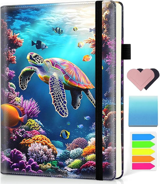 Hardcover Executive Notebooks, A5 PU Leather Lined Journal Notebook, 200 Pages Thick Paper Subject Notebooks for School,Work,Home Writing Business Notebook, Diary Book ，Sea Turtle Ocean 2