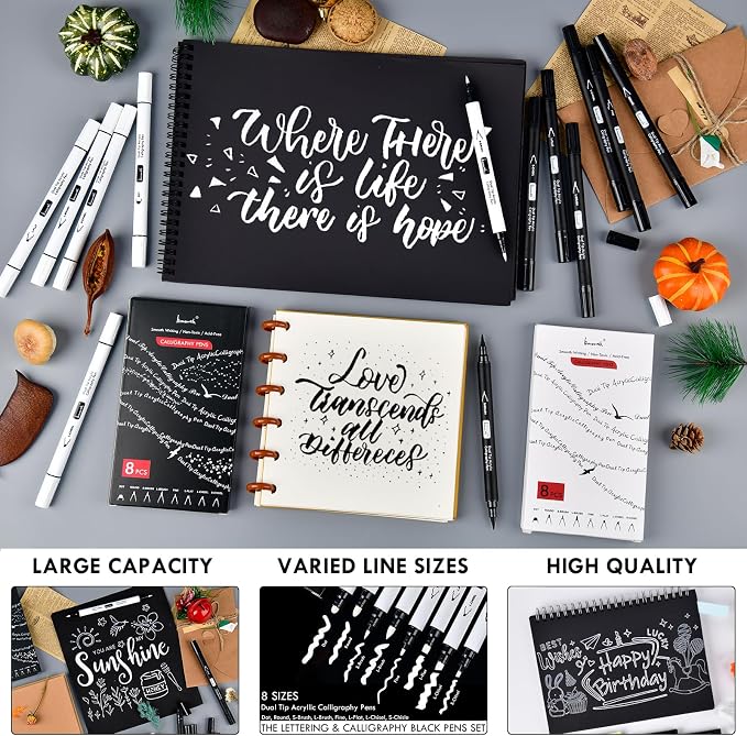 Brusarth Calligraphy Pens, 8 Size Dual Tip White Acrylic Calligraphy pen for Writing, Brush Pens Calligraphy Set for Beginners, Hand Lettering Pen for Art Drawing, Sketching, Scrapbooking