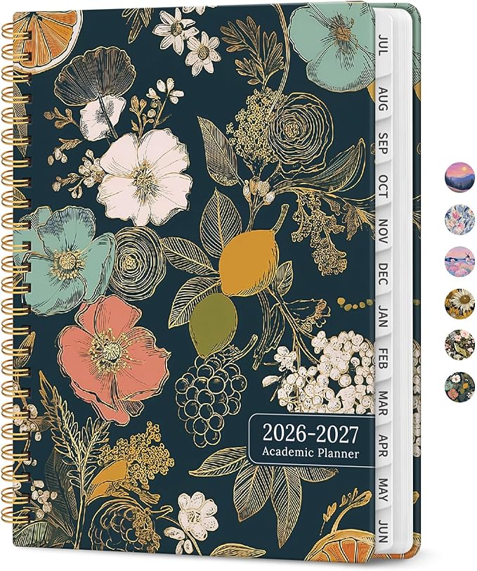 Planner 2026-2027, Academic Year Monthly and Weekly Calendar Planner, Jul 2026 - Jun 2027, Hardcover Teacher Student Planning Agenda book with Tabs, Perfect for School Office Supplies, 6.3" x 8.5" - Citrus Bloom