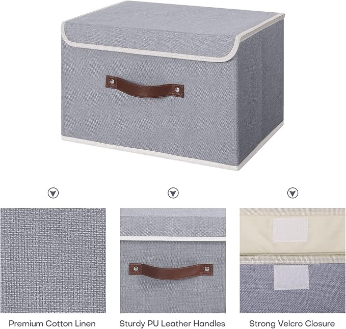 ANMINY 4PCS Storage Bin with Lid Storage Boxes with PU Leather Handles PP Plastic Board Decorative Foldable Lidded Cotton Linen Fabric Home Cubes Baskets Closet Organizer Container - Gray, Medium