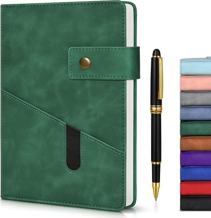 Lined Journal Notebook with Pen, A5 Personalized Hardcover Leather Journal for Men Women, 200 Pages 100 GSM Thick Paper College Ruled Notebooks for Work Travel School Writing Diary 5.9" X 8.4" Green