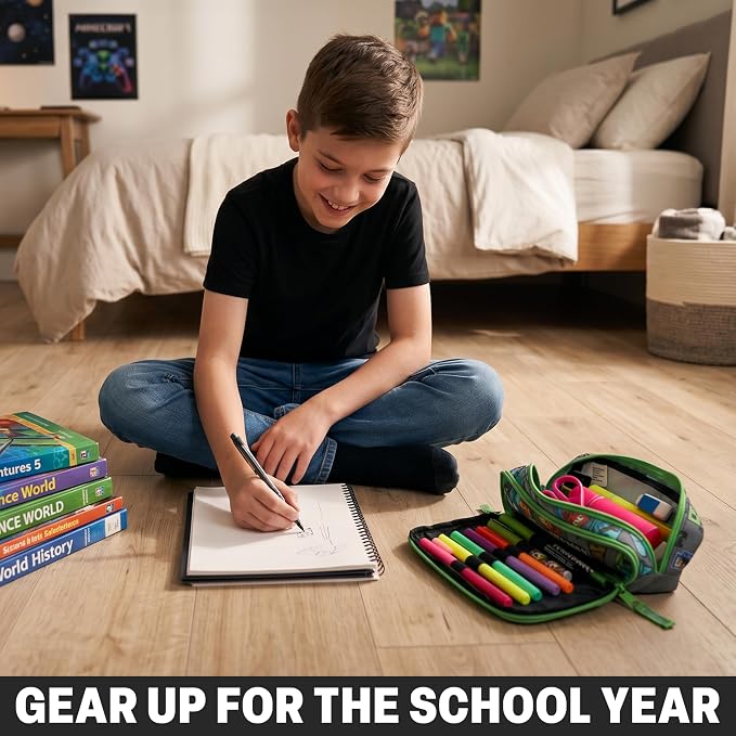 Get Trend Minecraft Pencil Case for Boys, Pencil Pouch with 2 Zipped Compartments, Back-to-School Marker & Pen Case, Organizer for School Supplies, Stationery, Gamer Gifts (Green/Multi Minecraft)