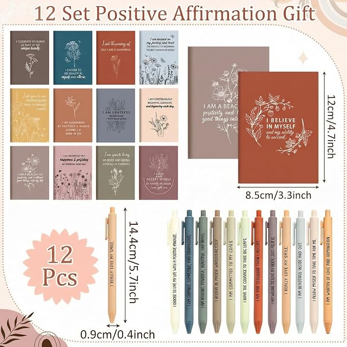 Mooliwe 24 Pcs Positive Affirmation Gift Set Gratitude Notebooks with Pens Small Bags Motivational Encouragement Notepads Daily Affirmations Journal for Women Stress Relief Self Care (Fresh)