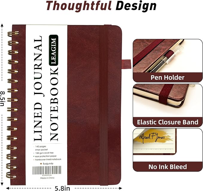 LEAGIM Lined Spiral Journal Notebook for Women & Men, College Ruled Hardcover Notebook for Work & Note Taking, Journals for Writing, 100 GSM, Business, School, 140 Pages, A5(5.8"x8.5") - Burgundy