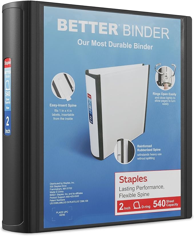 Staples 2-Inch 3-Ring Better Binder, Durable View Binder for Office & School Storage, Black, 2-Pack