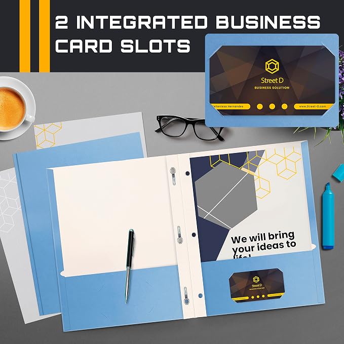Better Office Products Light Blue Paper 2 Pocket Folders with Prongs, 50 Pack, Matte Texture, Letter Size Paper Folders, 50 Pack, with 3 Metal Prong Fastener Clips, Light Blue