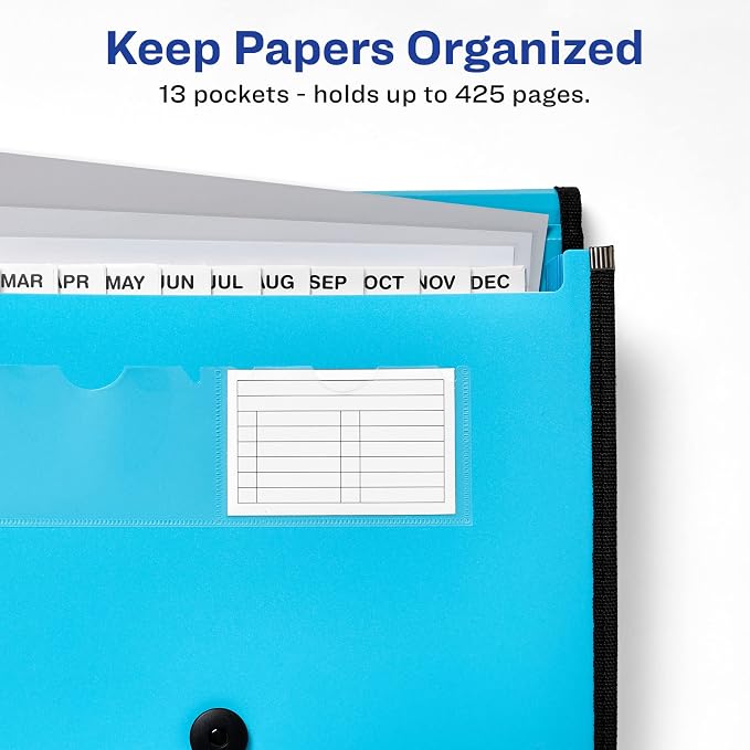 Avery Expanding File Folder Organizer, 13-Pocket Accordion File Organizer, Aqua, Holds 425 Letter/A4-Size Sheets (73554) (Pack of 6)