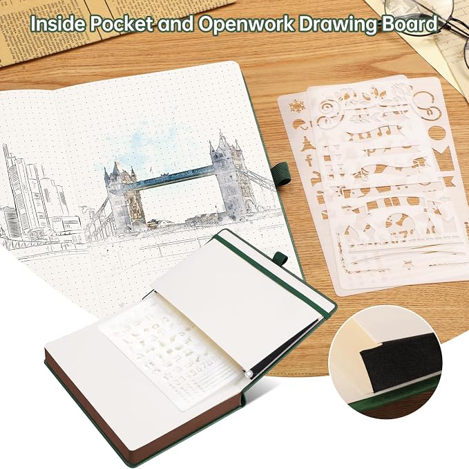 AHGXG Thick Dotted Notebook, 320 Numbered Pages, A5 (5.75'' X 8.38'') | Journal for Writing, 100gsm Dot Paper, Vintage Leather Hardcover, for Women Work Office School (Dark green)