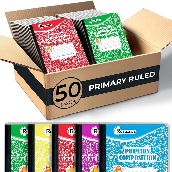 Rosmonde Composition Notebook Bulk, 50 Pack, K-2 Primary Ruled, 200 Pages (100 Sheets), Drawing and Writing Primary Journal, Grades K-2, Bulk School Supplies, Hard Cover With Assorted Colors