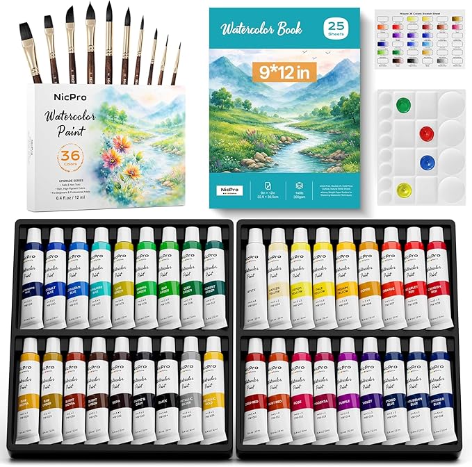 Nicpro Upgraded Watercolor Paint Set for Adults, 36 x 12ml Watercolor Tube, 10 Squirrel Watercolor Brushes, 25-Sheet 9x12 Watercolor Paper Book, 20-Well Palette, Water Color Art Supplies for Artists