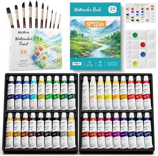 Nicpro Upgraded Watercolor Paint Set for Adults, 36 x 12ml Watercolor Tube, 10 Squirrel Watercolor Brushes, 25-Sheet 9x12 Watercolor Paper Book, 20-Well Palette, Water Color Art Supplies for Artists