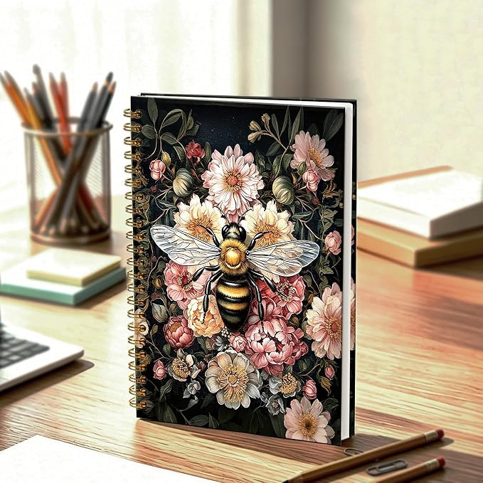 HOXUNQINA Vintage Moody Floral Bumblebee Journal Notebook 5.5x8.3 | Bumblebee Lover Gifts for Women Journal, Dark Cottagecore Wildflower Aesthetic Notebooks for Work