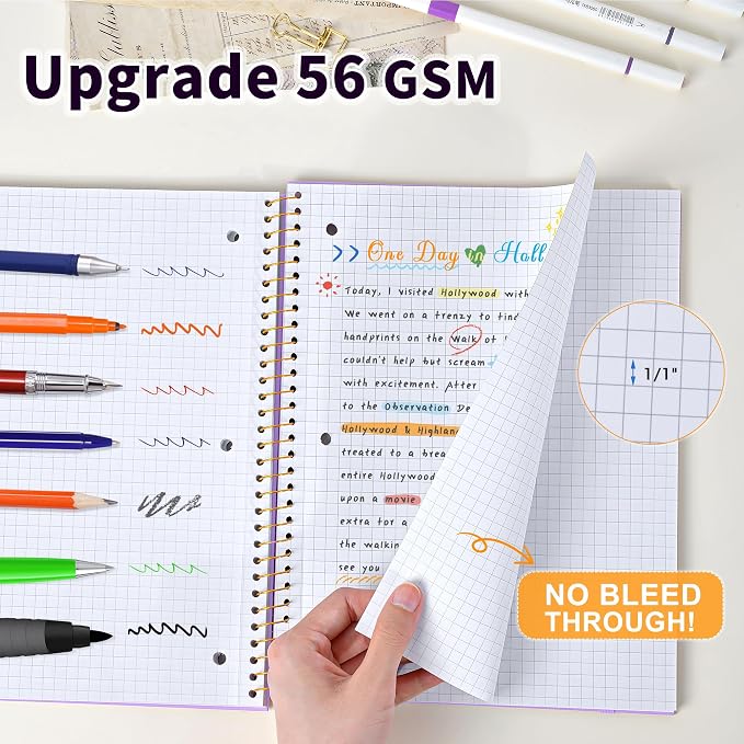 Spiral Notebook Graph Ruled Paper 8" x 10 1/2", 1 Subject Spiral Grid Notebook 3-Hole Punched Perforated Page Ideal for School, Office, Writing, 95 Sheets Lined Journaling Graphing Notebook, Purple