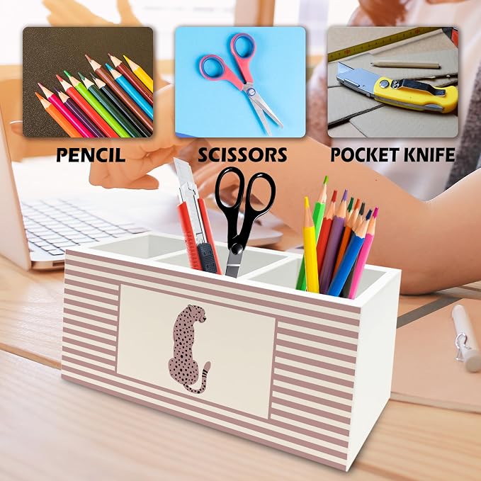 Trendy Retro Leopard Pen Pencil Holder Organizer for Desk, Pink Striped Leopard Wild Animal Wooden Box Signs Decorations for Girls Room Bedroom Desk Tabletop, Cheetah Gifts for Women Men