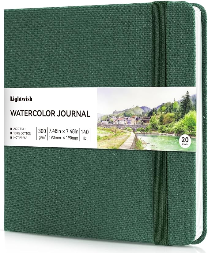Watercolor Journal - 100% Cotton Hot Press Paper | 20 Sheets 40 Pages | 300GSM (140lb) | Linen Cotton Cover Watercolor Sketch Books for Artists Painting,Mixed Media 7.48 x 7.48 in